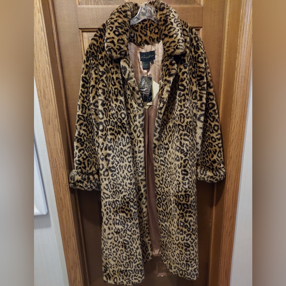 NWT Dennis Basso Vintage Cheetah Print Full Length Faux Fur Size Large Coat Rare - Picture 2 of 4